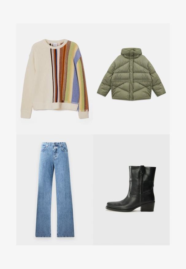 Veste en duvet vert olive avec un col haut, des coutures diagonales, des manches longues et des poches latérales zippées, posée à plat sur un fond blanc.; Pull en tricot crème avec des rayures verticales multicolores en bleu, vert, marron et rouge. Doté d'un col rond et de poignets côtelés.; Jeans en denim bleu clair avec une coupe large, cinq poches, passants de ceinture et fermeture à bouton. Le tissu a une texture lisse.; Bottine en cuir noir avec un bout rond, un talon carré, une fermeture éclair sur le côté et des coutures décoratives sur l'empeigne. Texture lisse, design classique.