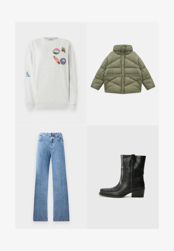 Õlivaheline puffer jakk kõrge kraega, diagonaalse õmblusega, pikad varrukad ja lukuga küljetaskud, laotuna valgel taustal.; Hele halli kapuutsiga sweatshirt, millel on ümar kaelus ja esiküljel ning varrukal on viis värvilist tikitud pääsukest erinevate kuju ja disainidega.; Heledad denim-jedid, millel on lai jalg, viis taskut, vööloopid ning nupuga sulgemine. Kangas on sileda tekstuuriga.; Musta nahast pahkluu saabas ümarate varvastega, plokknäppu, külgsepa ja pealsetel õmblusest aktsentidega. Sile tekstuur, klassikaline disain.