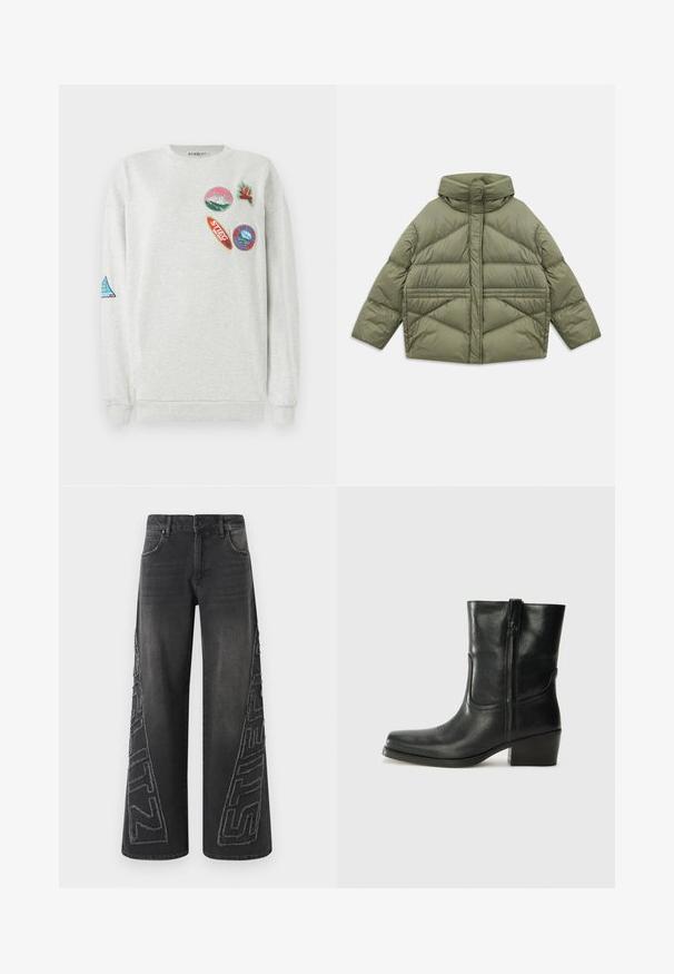 Olišu zaļš pūkains mētelis ar augstu apkakli, slīpiem šuvēm, garām piedurknēm un kabatām ar rāvējslēdzēju, izmests uz baltā fona.; Gaiši pelēks džemperis ar apaļu kakla izgriezumu, priekšpusē un piedurknē rotāts ar piecām krāsainām izšūtām uzlīmēm dažādās formās un dizainos.; Melni, plats kāju džinsi, izgatavoti no denima, ar izsistām izšūtām grafikām sānos un tradicionālu piecu kabatu dizainu.; Melna ādas potīte ar noapaļotu purngalu, bloku papēdi, sānu rāvējslēdzēju un šuvju akcentiem uz virsmas. Gluda tekstūra, klasiskā dizaina.