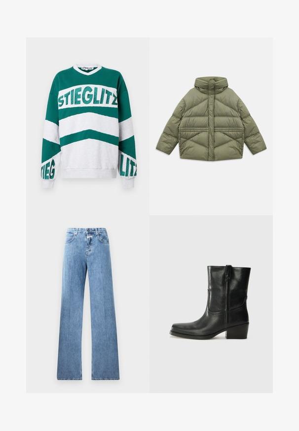 Chaqueta acolchada de color verde oliva con cuello alto, costuras diagonales, mangas largas y bolsillos laterales con cremallera, colocada plana sobre un fondo blanco.; Sudadera grande en verde y gris con escote en V, que presenta "STIEGLITZ" en letras negritas y texturizadas en el pecho y las mangas.; Jeans de mezclilla de color azul claro con un diseño de pierna ancha, cinco bolsillos, trabillas para cinturón y cierre de botón. La tela tiene una textura suave.; Botín negro de cuero hasta el tobillo con punta redondeada, tacón cuadrado, cremallera lateral y detalles de costura en el empeine. Textura suave, diseño clásico.