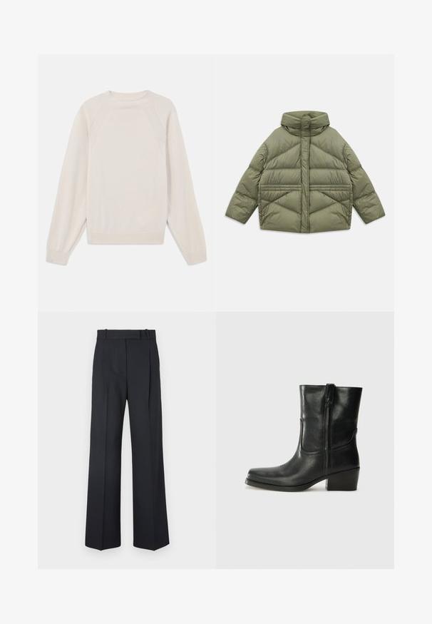 Olijfgroen pufferjack met hoge kraag, diagonale stiksels, lange mouwen en ritssluitingen aan de zijzakken, plat gelegd op een witte achtergrond.; Lichtcreme trui van zacht, gebreid stof. Heeft een ronde hals, lange mouwen en geribde manchetten en zoom met raglanmouwen.; Donkerblauwe pinstriped broek met een hoge taille, wijde pijpen en zonder zichtbare hardware of versieringen. Glad textuur en nauwkeurige pasvorm.; Zwarte leren enkellaars met een ronde neus, blokhak, zijrits en stikselaccenten op de wreef. Gladde textuur, klassiek ontwerp.