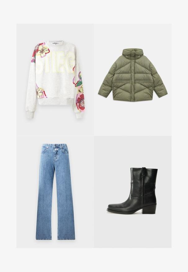 Olive green puffer jacket with high collar, diagonal stitching, long sleeves, and zippered side pockets, laid flat on white background.; Grey sweatshirt with floral embroidery on sleeves. Features bold letters "STIEG" in yellow. Soft fabric, ribbed cuffs and hem.; Cotton short-sleeve T-shirt with a crew neckline, featuring black vertical stripes on a white background and a straight cut design.; Light blue denim jeans with a wide-leg design, five pockets, belt loops, and a button closure. The fabric has a smooth texture.; Black leather ankle boot with a rounded toe, block heel, side zipper, and stitching accents on the vamp. Smooth texture, classic design.