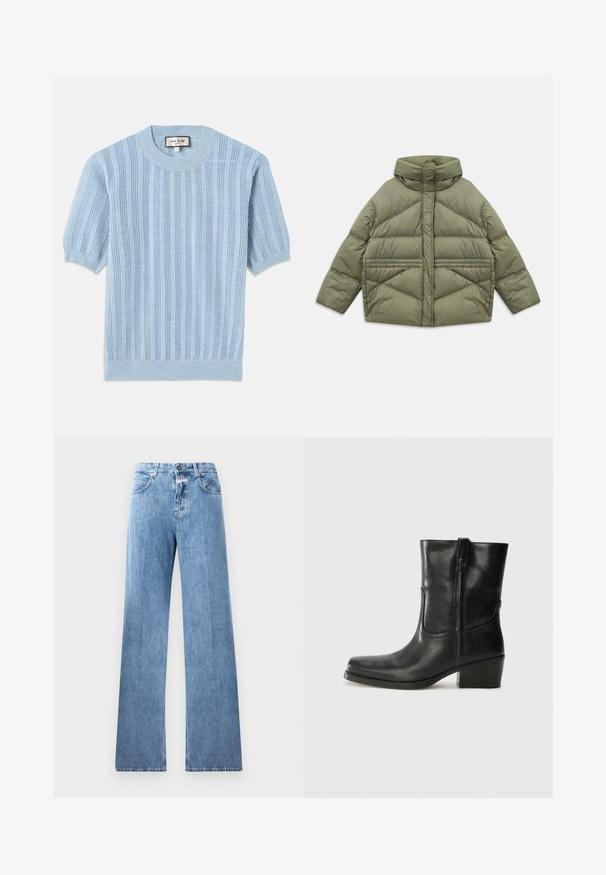 Chaqueta acolchada de color verde oliva con cuello alto, costuras diagonales, mangas largas y bolsillos laterales con cremallera, colocada plana sobre un fondo blanco.; Suéter de punto azul claro de manga corta con textura acanalada, cuello redondo y detalles de costura a lo largo del cuerpo.; Jeans de mezclilla de color azul claro con un diseño de pierna ancha, cinco bolsillos, trabillas para cinturón y cierre de botón. La tela tiene una textura suave.; Botín negro de cuero hasta el tobillo con punta redondeada, tacón cuadrado, cremallera lateral y detalles de costura en el empeine. Textura suave, diseño clásico.