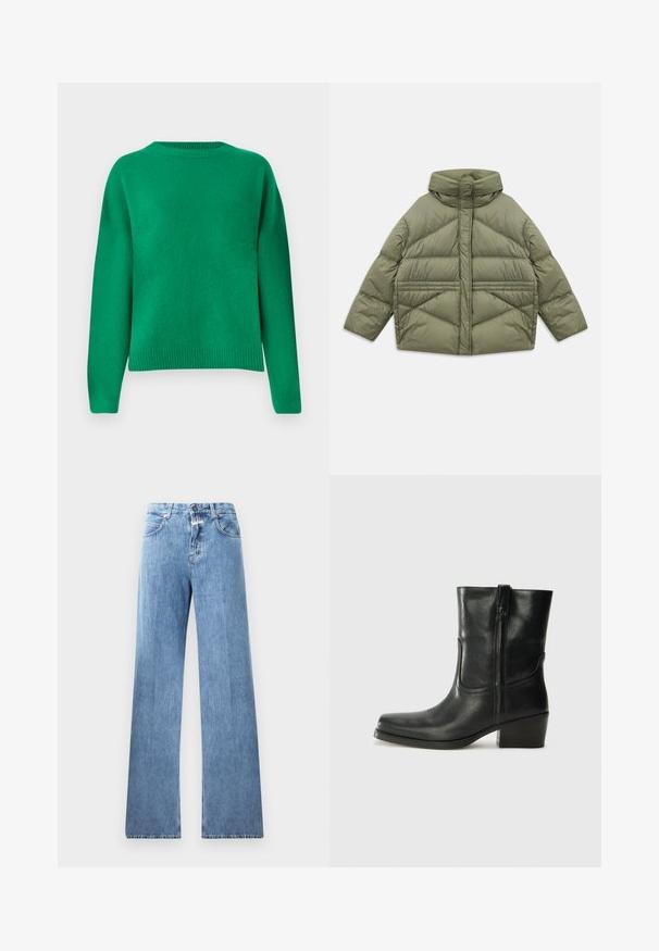 Chaqueta acolchada de color verde oliva con cuello alto, costuras diagonales, mangas largas y bolsillos laterales con cremallera, colocada plana sobre un fondo blanco.; Suéter de punto verde con un corte relajado, cuello redondo, hombros caídos y dobladillo acanalado. Textura suave con un acabado uniforme.; Jeans de mezclilla de color azul claro con un diseño de pierna ancha, cinco bolsillos, trabillas para cinturón y cierre de botón. La tela tiene una textura suave.; Botín negro de cuero hasta el tobillo con punta redondeada, tacón cuadrado, cremallera lateral y detalles de costura en el empeine. Textura suave, diseño clásico.