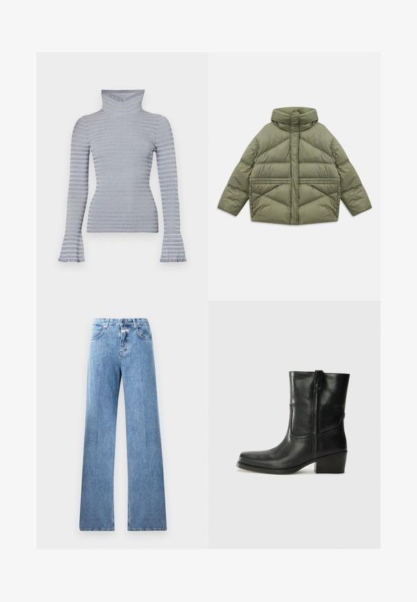 Veste en duvet vert olive avec un col haut, des coutures diagonales, des manches longues et des poches latérales zippées, posée à plat sur un fond blanc.; Pull à col roulé côtelé rayé gris clair et blanc avec des manches longues et des poignets légèrement évasés sur fond blanc.; Jeans en denim bleu clair avec une coupe large, cinq poches, passants de ceinture et fermeture à bouton. Le tissu a une texture lisse.; Bottine en cuir noir avec un bout rond, un talon carré, une fermeture éclair sur le côté et des coutures décoratives sur l'empeigne. Texture lisse, design classique.