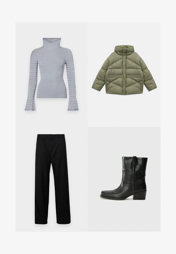Olíva zöld pehelykabát magas gallérral, ferde varrással, hosszú ujjakkal és cipzáras oldazsebekkel, fehér háttéren lefektetve.; Világosszürke és fehér csíkos, bordázott, garbós pulóver hosszú ujjakkal és diszkrét harangujjakkal, fehér háttér előtt.; Fekete csíkos, bő szárú nadrág egyedi hajtott dizájnnal a deréknál és sima textúrával. Jellemzője a precíz szabászat és a modern részletek.; Fekete bőr bokacsizma lekerekített orral, blokk sarkúval, oldalsó cipzárral és varrásos díszítéssel az elején. Simább textúra, klasszikus dizájn.