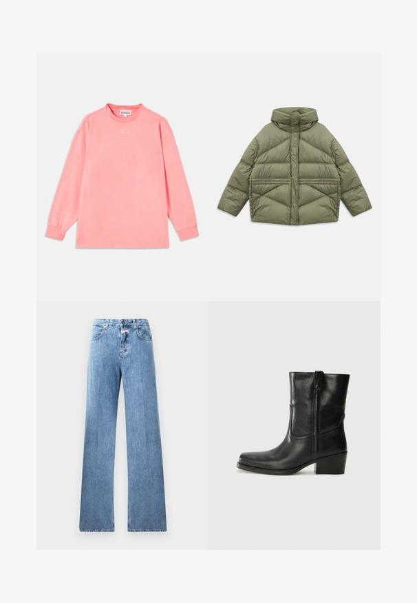 Oliivinvihreä untuvatakki korkealla kauluksella, vinonapituksilla, pitkillä hihoilla ja vetoketjullisilla sivutaskuilla, asetettuna tasaiseksi valkoista taustaa vasten.; Pitkähihainen paita korallivärissä, valmistettu pehmeästä kankaasta. Siinä on pyöreä pääntie ja joustavat hihansuut, joissa on "STIEGLITZ" painettuna rintaan.; Vaaleansiniset farkut, joissa on leveä lahje, viisi taskua, vyölenkit ja nappikiinnitys. Kankaan pinta on sileä.; Musta nahkasaapas nilkkamittaisella varrella, pyöreällä kärjellä, lohkarekorolla, sivuvetoketjulla ja ompeluaksentilla varren yläosassa. Suora pinta, klassinen muotoilu.