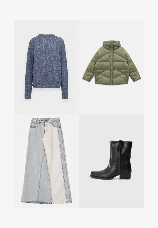 Olíva zöld pehelykabát magas gallérral, ferde varrással, hosszú ujjakkal és cipzáras oldazsebekkel, fehér háttéren lefektetve.; Kötött tengerészkék pulóver hosszú ujjakkal, bordázott textúrával és szőtt részletekkel a vállon és az ujjain. Kerek nyakú dizájn.; Farmernadrág szoknya foltos mintázattal, világos és közép kék színű részekkel, rojtos szegéllyel és magas derékkal. Klasszikus öt zsebes stílus.; Fekete bőr bokacsizma lekerekített orral, blokk sarkúval, oldalsó cipzárral és varrásos díszítéssel az elején. Simább textúra, klasszikus dizájn.