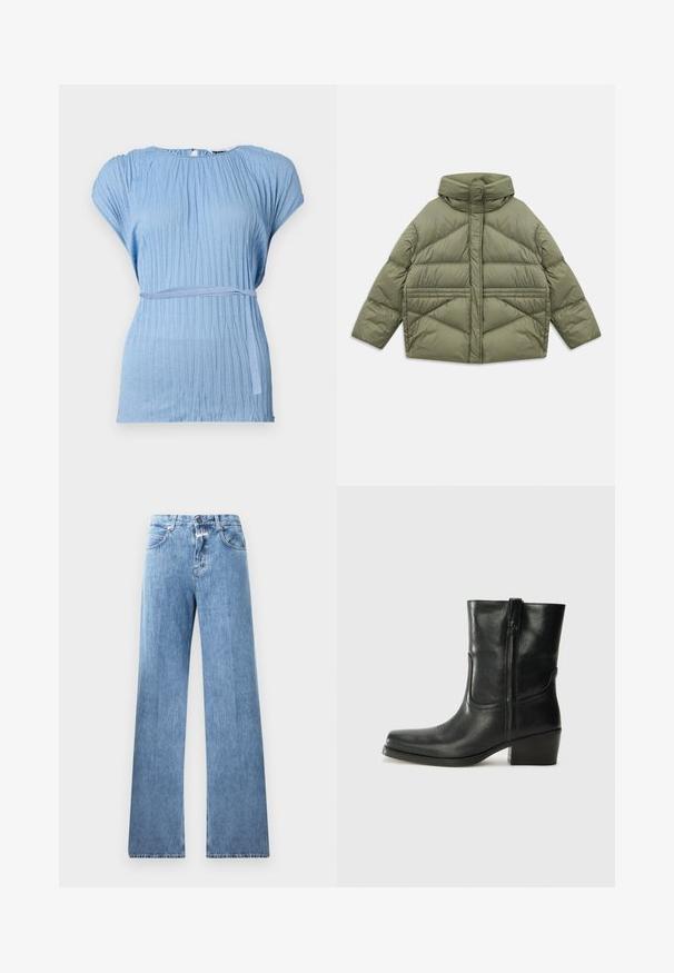 Olíva zöld pehelykabát magas gallérral, ferde varrással, hosszú ujjakkal és cipzáras oldazsebekkel, fehér háttéren lefektetve.; Fénykék blúz textúrált, redőzött mintával és rövid ujjal; derékon található egy azonos anyagú öv, ami kiemeli a derekat.; Világoskék farmernadrág, széles lábakkal, öt zsebből, övrögzítőkből és gombzáras kivitelben. Az anyag sima textúrájú.; Fekete bőr bokacsizma lekerekített orral, blokk sarkúval, oldalsó cipzárral és varrásos díszítéssel az elején. Simább textúra, klasszikus dizájn.