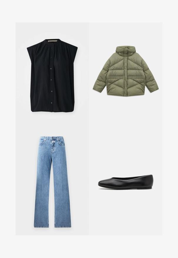 Oliwkowa kurtka puchowa z wysokim kołnierzem, ukośnymi szwami, długimi rękawami i zasuwanymi bocznymi kieszeniami, leżąca płasko na białym tle.; Czarna, krótko rękawowa koszula z kołnierzykiem mandarynkowym, z pionowymi fałdami i pełnym zapięciem na guziki. Miękka tkanina o gładkiej fakturze.; Jasnoniebieskie dżinsy o szerokim kroju, pięć kieszeni, szlufki na pasek i zapięcie na guzik. Tkanina ma gładką strukturę.; Paul Smith TOPANGA czarny