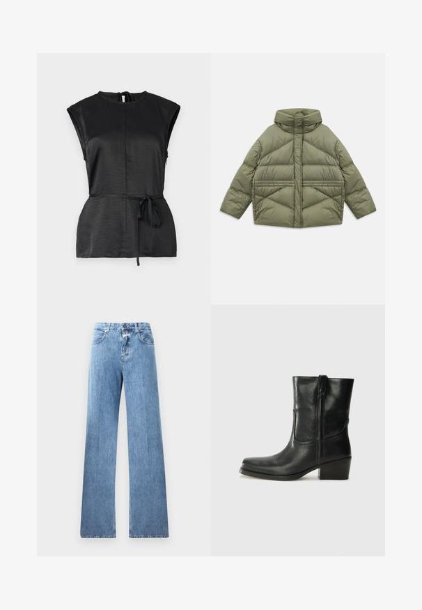 Giacca imbottita verde oliva con colletto alto, cuciture diagonali, maniche lunghe e tasche laterali con zip, distesa su sfondo bianco.; Top senza maniche nero con un alto collo, tessuto con texture, una cintura con fiocco in vita e un dettaglio a chiave sulla schiena.; Jeans in denim blu chiaro con un design a gamba larga, cinque tasche, passanti per cintura e chiusura con bottone. Il tessuto ha una texture liscia.; Stivale ankle in pelle nera con punta arrotondata, tacco a blocco, cerniera laterale e dettagli in cucitura sulla tomaia. Texture liscia, design classico.