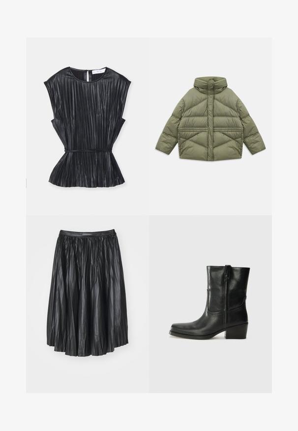 Giacca imbottita verde oliva con colletto alto, cuciture diagonali, maniche lunghe e tasche laterali con zip, distesa su sfondo bianco.; Top nero plissettato con scollo rotondo, maniche corte a batwing, vita cintrata e chiusura posteriore. Realizzato in un tessuto liscio e lucido.; Gonna plissettata nera in pelle liscia con vita elastica, caratterizzata da linee verticali e una silhouette svasata.; Stivale ankle in pelle nera con punta arrotondata, tacco a blocco, cerniera laterale e dettagli in cucitura sulla tomaia. Texture liscia, design classico.