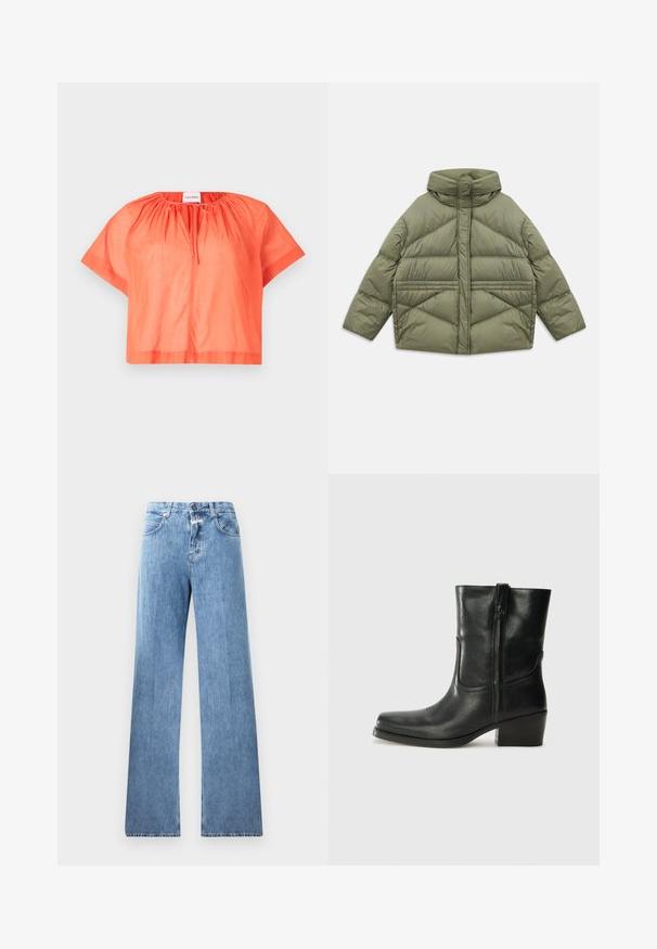 Olišu zaļš pūkains mētelis ar augstu apkakli, slīpiem šuvēm, garām piedurknēm un kabatām ar rāvējslēdzēju, izmests uz baltā fona.; Īsām piedurknēm, īsā tops spilgti oranžā krāsā, izgatavots no viegla auduma. Tam ir apaļa kakla izgriezums ar savilktu detaļu un priekšējais sasiešanas aizdare.; Gaiši zili džinsi ar platām kājām, pieci kabatas, jostu cilpas un pogu aizdare. Audumam ir gluda tekstūra.; Melna ādas potīte ar noapaļotu purngalu, bloku papēdi, sānu rāvējslēdzēju un šuvju akcentiem uz virsmas. Gluda tekstūra, klasiskā dizaina.