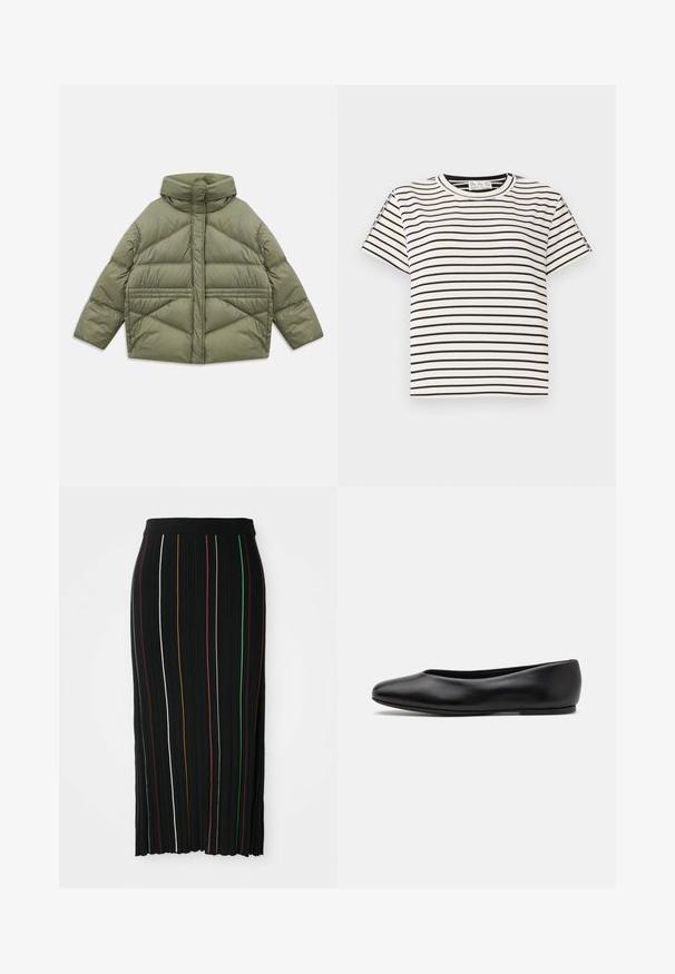 Veste en duvet vert olive avec un col haut, des coutures diagonales, des manches longues et des poches latérales zippées, posée à plat sur un fond blanc.; T-shirt en coton à manches courtes avec un col rond, présentant des rayures verticales noires sur un fond blanc et un design à coupe droite.; Jupe plissée noire avec des rayures verticales jaune, orange, rouge, vert et blanche. Présente une taille ajustée et un ourlet légèrement irrégulier.; Paul Smith TOPANGA - Ballerines - black