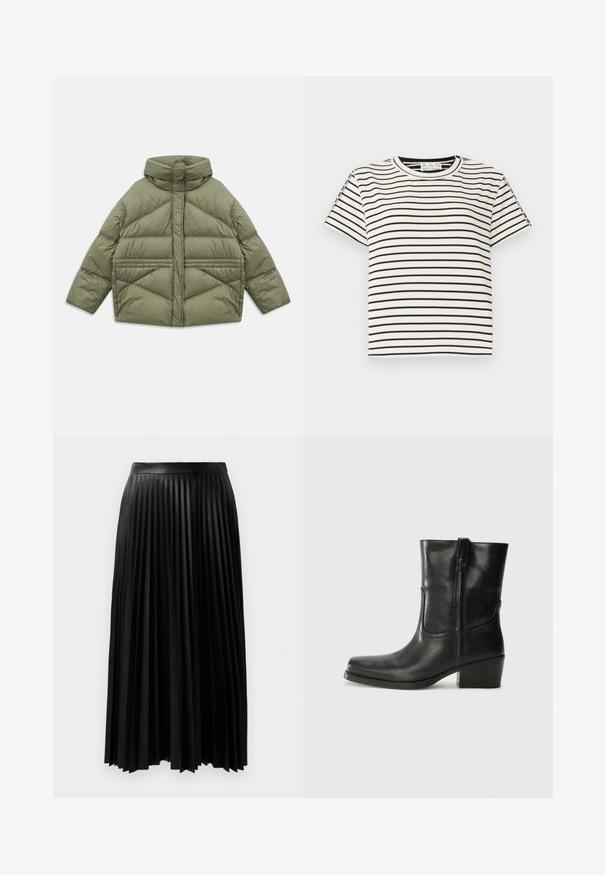 Olivgrön puffjacka med hög krage, diagonala sömmar, långa ärmar och dragkedjefickor på sidan, liggandes platt på vit bakgrund.; Kortärmad T-shirt i bomull med rund halsringning, med svarta vertikala ränder på vit bakgrund och en rak skärning.; Svart plisserad kjol i texturerat material, med en figursydd midja och långa, flödande plisseringar som sträcker sig till midjan.; Svart läderankelboot med rund tå, blockklack, sidodragkedja och sömmar på ovandelen. Slät textur, klassisk design.