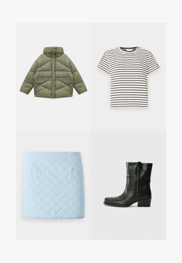 Olivgrüne Steppjacke mit hohem Kragen, diagonalen Nähten, langen Ärmeln und mit Reißverschluss versehenen Seitentaschen, flach auf einem weißen Hintergrund ausgebreitet.; Kurzarm-T-Shirt aus Baumwolle mit Rundhalsausschnitt, das auf einem weißen Hintergrund schwarze vertikale Streifen und einen geraden Schnitt aufweist.; Helles blauer, gestepptes Kleid mit einem Diamantmuster, ausgestattet mit zwei seitlichen Taschen und einem geraden Saum. Hergestellt aus einem strukturierten Stoff.; Schwarze Leder-Ankle Boots mit runder Zehenform, Blockabsatz, seitlichem Reißverschluss und gestickten Akzenten auf dem Blatt. Glatte Textur, klassisches Design.