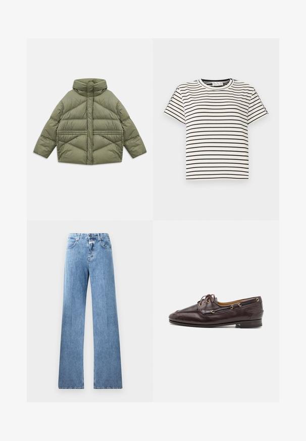 Veste en duvet vert olive avec un col haut, des coutures diagonales, des manches longues et des poches latérales zippées, posée à plat sur un fond blanc.; T-shirt en coton à manches courtes avec un col rond, présentant des rayures verticales noires sur un fond blanc et un design à coupe droite.; Jeans en denim bleu clair avec une coupe large, cinq poches, passants de ceinture et fermeture à bouton. Le tissu a une texture lisse.; Mocassins en cuir marron avec un design structuré, œillets dorés et lacets. Caractérisés par un petit talon et des coutures détaillées le long de l'empeigne.