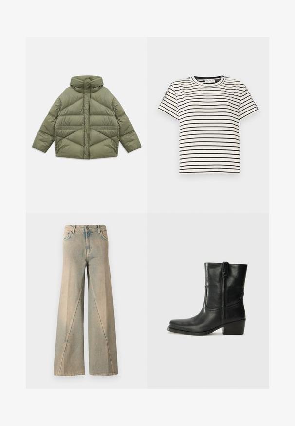 Olišu zaļš pūkains mētelis ar augstu apkakli, slīpiem šuvēm, garām piedurknēm un kabatām ar rāvējslēdzēju, izmests uz baltā fona.; Kokvilnas T-krekls īsām piedurknēm ar apaļu kakla izgriezumu, ar melnām vertikālām svītrām uz balta fona un taisnu griezumu.; Gaiši zili platā stila džinsi, kas izgatavoti no denima. Iezīmējas ar augstu jostasvītru, priekšējiem kabatām un raksturīgu šuvju modeli gar kājām.; Melna ādas potīte ar noapaļotu purngalu, bloku papēdi, sānu rāvējslēdzēju un šuvju akcentiem uz virsmas. Gluda tekstūra, klasiskā dizaina.