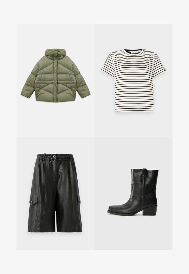 Olišu zaļš pūkains mētelis ar augstu apkakli, slīpiem šuvēm, garām piedurknēm un kabatām ar rāvējslēdzēju, izmests uz baltā fona.; Kokvilnas T-krekls īsām piedurknēm ar apaļu kakla izgriezumu, ar melnām vertikālām svītrām uz balta fona un taisnu griezumu.; Melnas ādas kravas šortos ar elastīgu jostu, ar divām sānu kabatām, priekšējo rāvējslēdzēju un zilu pogu akcentu.; Melna ādas potīte ar noapaļotu purngalu, bloku papēdi, sānu rāvējslēdzēju un šuvju akcentiem uz virsmas. Gluda tekstūra, klasiskā dizaina.