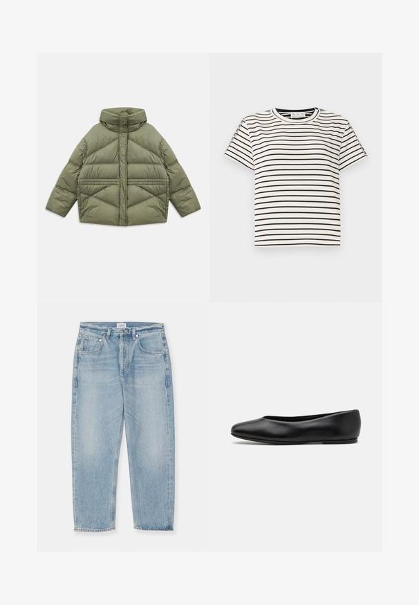 Chaqueta acolchada de color verde oliva con cuello alto, costuras diagonales, mangas largas y bolsillos laterales con cremallera, colocada plana sobre un fondo blanco.; Camiseta de algodón de manga corta con cuello redondo, que presenta rayas verticales negras sobre un fondo blanco y un diseño de corte recto.; Jeans de mezclilla azul claro con un aspecto desgastado, diseño de pierna recta, cinco bolsillos y cierre de botón. Dobladillo sin terminar en los tobillos.; Paul Smith TOPANGA - Bailarinas - black