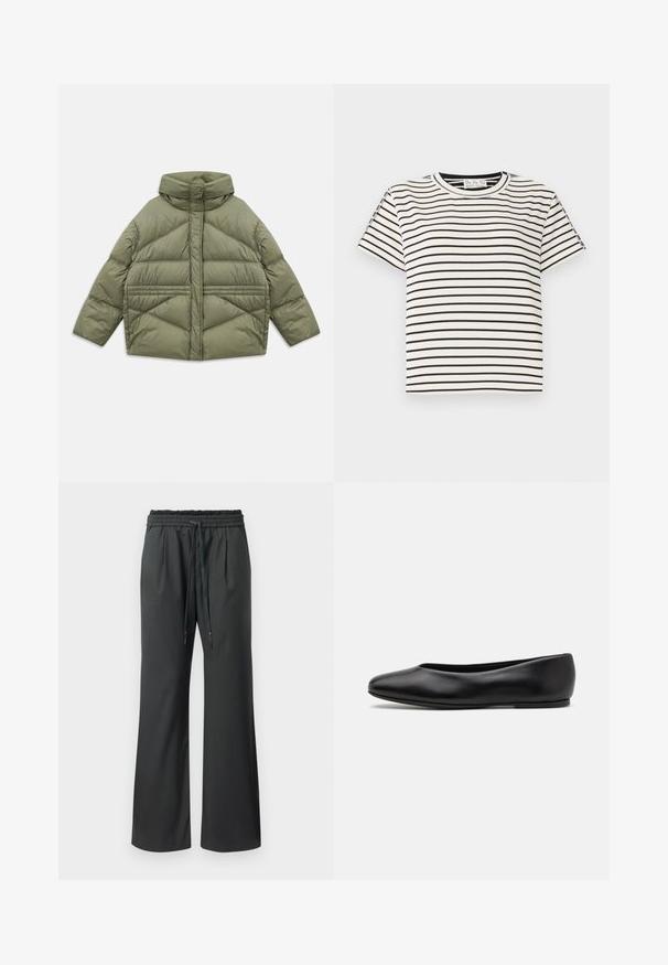 Olive green puffer jacket with high collar, diagonal stitching, long sleeves, and zippered side pockets, laid flat on white background.; Cotton short-sleeve T-shirt with a crew neckline, featuring black vertical stripes on a white background and a straight cut design.; Black wide-leg pants with elastic waistband and long drawstrings, displayed on a plain white background.; Paul Smith TOPANGA - Ballet pumps - black