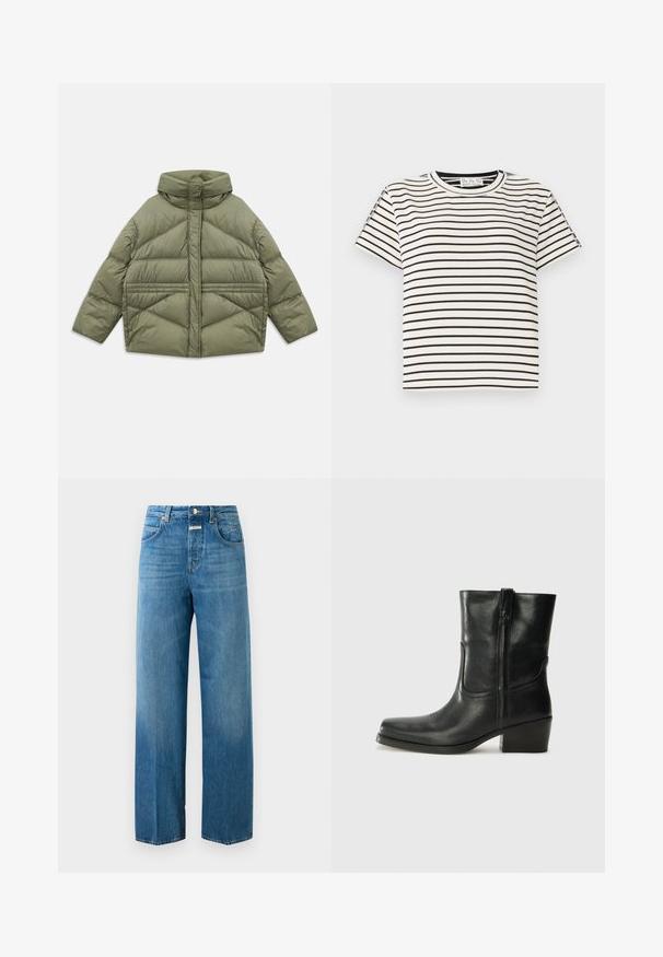 Olijfgroen pufferjack met hoge kraag, diagonale stiksels, lange mouwen en ritssluitingen aan de zijzakken, plat gelegd op een witte achtergrond.; Katoenen T-shirt met korte mouwen en een ronde hals, met zwarte verticale strepen op een witte achtergrond en een rechte snit.; Hoge taille rechte spijkerbroek van blauw denim met voor- en achterzakken, knoopsluiting en riemlussen op een witte achtergrond.; Zwarte leren enkellaars met een ronde neus, blokhak, zijrits en stikselaccenten op de wreef. Gladde textuur, klassiek ontwerp.