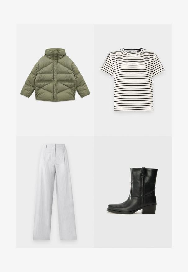 Alyvmedis puffer džemperis su aukštu apykakle, įstrižinėmis siūlėmis, ilgomis rankovėmis ir užtrauktukais šonuose, padėtas ant balto fono.; Medvilninis trumpas rankovėmis marškinėliai su apvaliu iškirpimu, su juodomis vertikaliomis juostelėmis ant baltos fono ir tiesiai supjaustytu dizainu.; Balti lininiai platūs kelnių su priekiniais mygtukais, raukšlėmis ties juosmeniu ir šiek tiek tekstūruota medžiaga.; Juodi odiniai aulinukai iki kulkšnies su apvali nosimi, blokuotais kulnais, šonine užtrauktuku ir siuvimo akcentais ant viršutinės dalies. Lygi tekstūra, klasikinis dizainas.