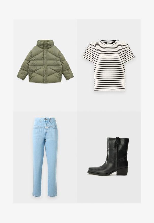 Chaqueta acolchada de color verde oliva con cuello alto, costuras diagonales, mangas largas y bolsillos laterales con cremallera, colocada plana sobre un fondo blanco.; Camiseta de algodón de manga corta con cuello redondo, que presenta rayas verticales negras sobre un fondo blanco y un diseño de corte recto.; Jeans de mezclilla de tiro alto en azul claro, con bolsillos frontales, cierre de botón y cremallera, y corte recto.; Botín negro de cuero hasta el tobillo con punta redondeada, tacón cuadrado, cremallera lateral y detalles de costura en el empeine. Textura suave, diseño clásico.