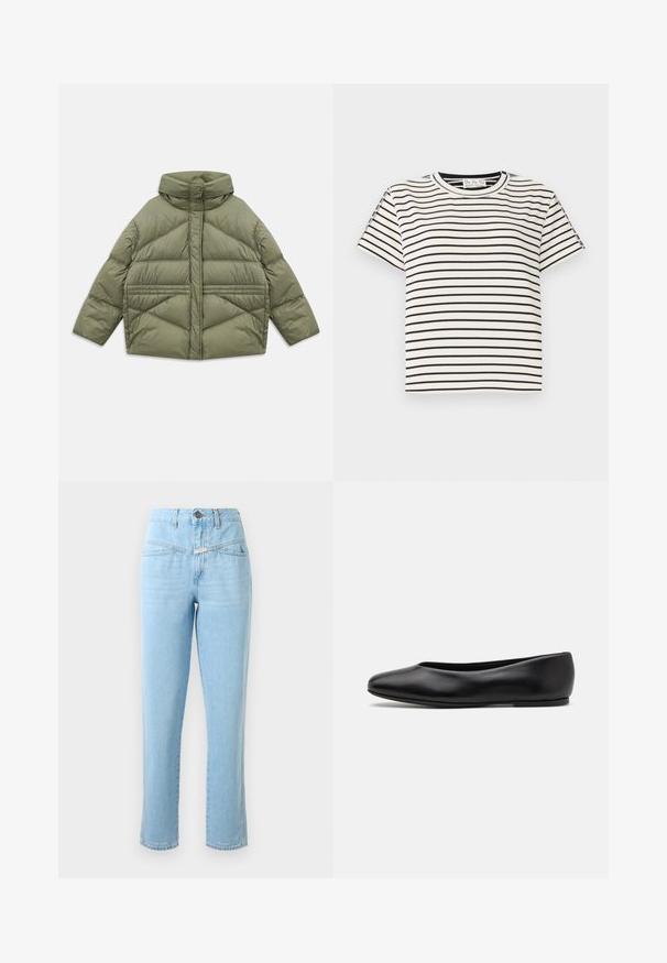Olive green puffer jacket with high collar, diagonal stitching, long sleeves, and zippered side pockets, laid flat on white background.; Cotton short-sleeve T-shirt with a crew neckline, featuring black vertical stripes on a white background and a straight cut design.; High-waisted light blue denim jeans with front pockets, button and zipper closure, and straight leg cut.; Paul Smith TOPANGA - Ballet pumps - black