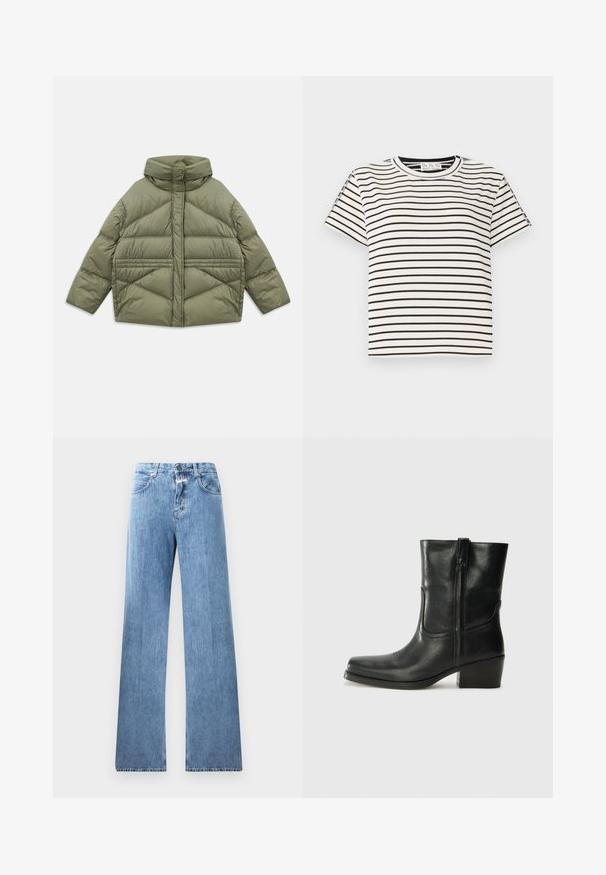 Olive green puffer jacket with high collar, diagonal stitching, long sleeves, and zippered side pockets, laid flat on white background.; Cotton short-sleeve T-shirt with a crew neckline, featuring black vertical stripes on a white background and a straight cut design.; Light blue denim jeans with a wide-leg design, five pockets, belt loops, and a button closure. The fabric has a smooth texture.; Black leather ankle boot with a rounded toe, block heel, side zipper, and stitching accents on the vamp. Smooth texture, classic design.