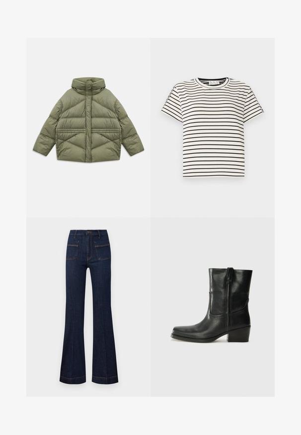 Jachetă puffer de culoare verde măslin, cu guler înalt, cusături diagonale, mâneci lungi și buzunare laterale cu fermoar, întinsă pe un fundal alb.; Tricou din bumbac cu mânecă scurtă, cu guler rotund, având dungi verticale negre pe un fundal alb și un design cu croială dreaptă.; Blugi evazați din denim închis, cu o croială ajustată, talie înaltă și cusături contrastante portocalii. Include două buzunare frontale și două buzunare spate.; Botine din piele neagră, cu vârf rotund, toc pătrat, fermoar pe lateral și accente de cusături pe partea superioară. Textură netedă, design clasic.