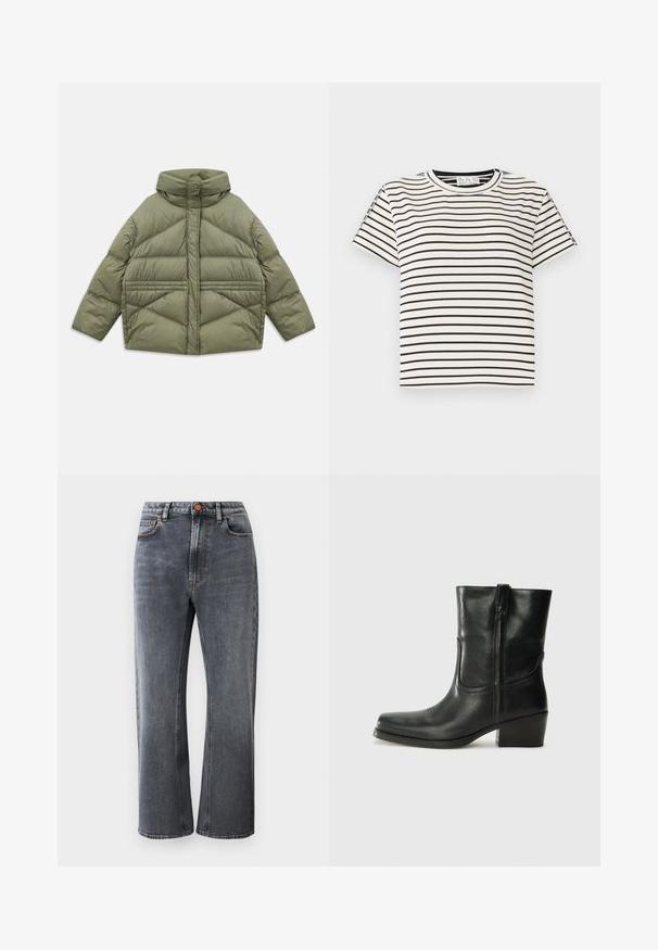 Olive green puffer jacket with high collar, diagonal stitching, long sleeves, and zippered side pockets, laid flat on white background.; Cotton short-sleeve T-shirt with a crew neckline, featuring black vertical stripes on a white background and a straight cut design.; Dark grey denim jeans featuring a high waist, straight-leg fit, five pockets, and contrasting orange stitching detail.; Black leather ankle boot with a rounded toe, block heel, side zipper, and stitching accents on the vamp. Smooth texture, classic design.
