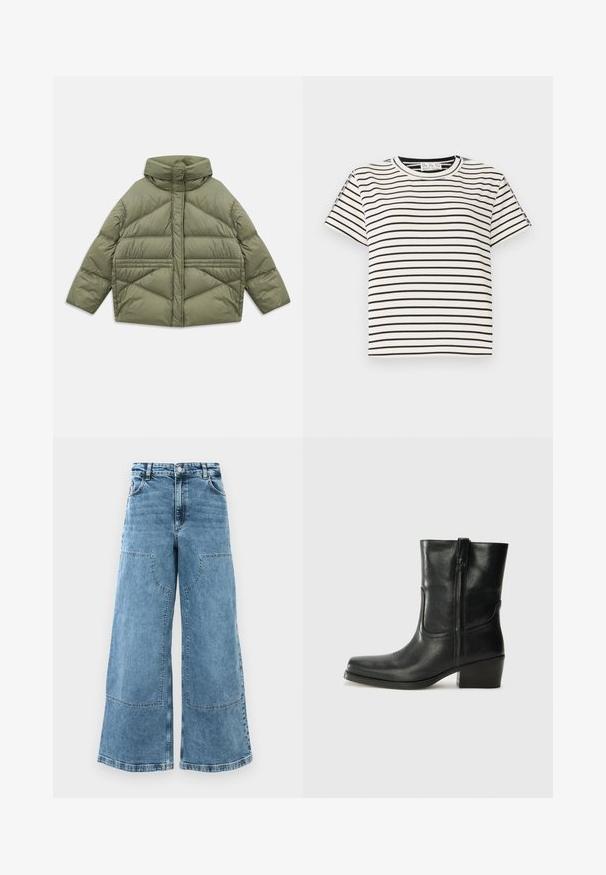 Olišu zaļš pūkains mētelis ar augstu apkakli, slīpiem šuvēm, garām piedurknēm un kabatām ar rāvējslēdzēju, izmests uz baltā fona.; Kokvilnas T-krekls īsām piedurknēm ar apaļu kakla izgriezumu, ar melnām vertikālām svītrām uz balta fona un taisnu griezumu.; Gaiši zili džinsu platās kājas bikses ar augstu jostasvietu, lielām priekšējām kabatām un redzamām šuvēm. Iezīmē klasisko piecu kabatu dizainu.; Melna ādas potīte ar noapaļotu purngalu, bloku papēdi, sānu rāvējslēdzēju un šuvju akcentiem uz virsmas. Gluda tekstūra, klasiskā dizaina.