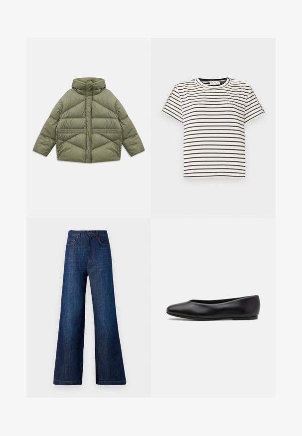 Giacca imbottita verde oliva con colletto alto, cuciture diagonali, maniche lunghe e tasche laterali con zip, distesa su sfondo bianco.; T-shirt in cotone a maniche corte con scollo rotondo, caratterizzato da strisce verticali nere su sfondo bianco e un design a taglio dritto.; Jeans a gamba larga in denim blu scuro. Presentano cinque tasche, una chiusura con bottone frontale e cuciture visibili lungo la vita e l'orlo.; Paul Smith TOPANGA - Ballerine - black