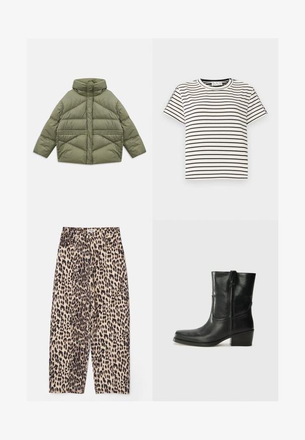 Alyvmedis puffer džemperis su aukštu apykakle, įstrižinėmis siūlėmis, ilgomis rankovėmis ir užtrauktukais šonuose, padėtas ant balto fono.; Medvilninis trumpas rankovėmis marškinėliai su apvaliu iškirpimu, su juodomis vertikaliomis juostelėmis ant baltos fono ir tiesiai supjaustytu dizainu.; Bežiniai ir juodi leopardų rašto kelnių, pasižyminčių laisvai krentančia siluetu, tekstūruotu audiniu ir keturiomis kišenėmis su liemeniu.; Juodi odiniai aulinukai iki kulkšnies su apvali nosimi, blokuotais kulnais, šonine užtrauktuku ir siuvimo akcentais ant viršutinės dalies. Lygi tekstūra, klasikinis dizainas.