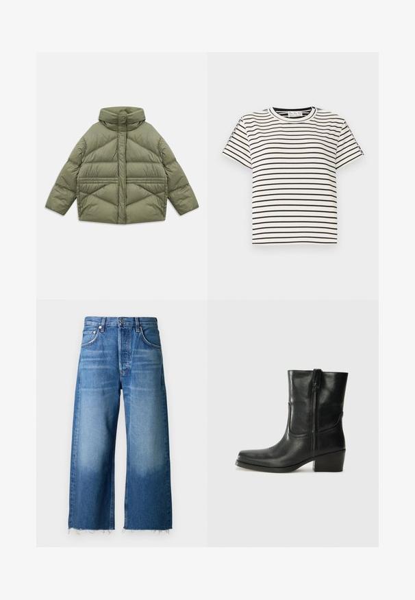 Chaqueta acolchada de color verde oliva con cuello alto, costuras diagonales, mangas largas y bolsillos laterales con cremallera, colocada plana sobre un fondo blanco.; Camiseta de algodón de manga corta con cuello redondo, que presenta rayas verticales negras sobre un fondo blanco y un diseño de corte recto.; Jeans de mezclilla anchos de color azul claro con un dobladillo deshilachado, diseñados con cinco bolsillos y un cierre de botón en la cintura.; Botín negro de cuero hasta el tobillo con punta redondeada, tacón cuadrado, cremallera lateral y detalles de costura en el empeine. Textura suave, diseño clásico.