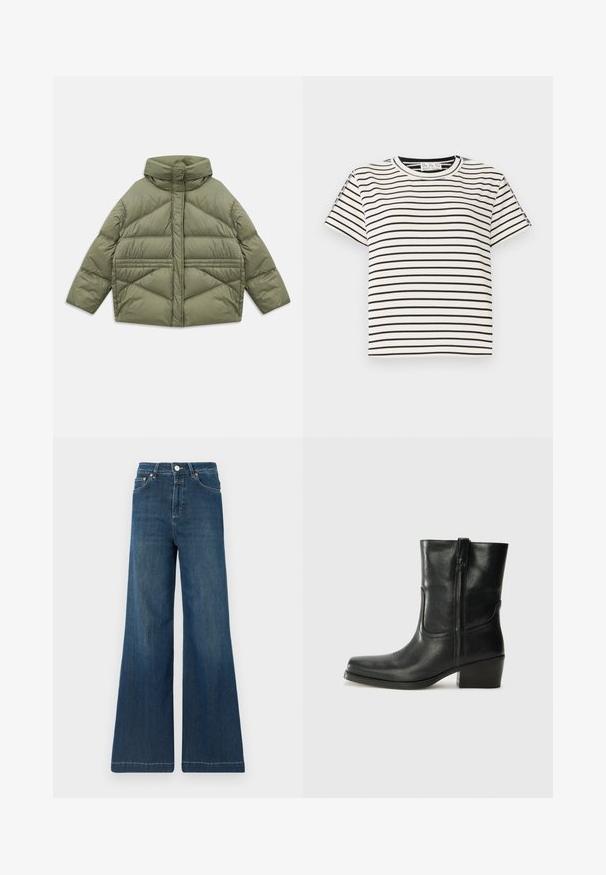 Oliwkowa kurtka puchowa z wysokim kołnierzem, ukośnymi szwami, długimi rękawami i zasuwanymi bocznymi kieszeniami, leżąca płasko na białym tle.; Bawełniana koszulka T-shirt z krótkim rękawem i okrągłym dekoltem, z czarnymi pionowymi paskami na białym tle oraz prostym krojem.; Spodnie dżinsowe o szerokich nogawkach w ciemnoniebieskim denimu, z wysokim stanem, miedzianymi detalami i subtelnym wyblaknięciem. Czysty dół bez dodatkowych wzorów.; Czarne skórzane botki za kostkę z okrągłym noskiem, słupkowym obcasem, bocznym zamkiem i przeszyciami na cholewce. Gładka tekstura, klasyczny design.