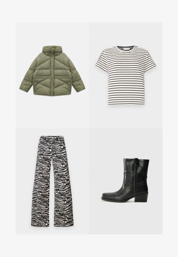 Olivově zelená péřová bunda s vysokým límcem, diagonálním prošíváním, dlouhými rukávy a zipovými bočními kapsami, ležící na bílém pozadí.; Bavlněné tričko s krátkým rukávem a kulatým výstřihem, s černými vertikálními pruhy na bílém pozadí a s rovného střihu.; Kalhoty s širokými nohavicemi v černobílé zebrované vzoru. Vyrobeno z texturované tkaniny s klasickým pasem a předními kapsami.; Černá kožená kotníková bota s kulatou špičkou, blokovým podpatkem, bočním zipem a prošíváním na svršku. Hladký povrch, klasický design.