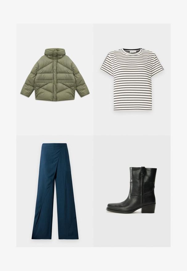 Jachetă puffer de culoare verde măslin, cu guler înalt, cusături diagonale, mâneci lungi și buzunare laterale cu fermoar, întinsă pe un fundal alb.; Tricou din bumbac cu mânecă scurtă, cu guler rotund, având dungi verticale negre pe un fundal alb și un design cu croială dreaptă.; Pantaloni largi de culoare albastră închisă, cu un design înfășurat și un material texturat, neted. Tivul este ușor evazat pentru o siluetă fluidă.; Botine din piele neagră, cu vârf rotund, toc pătrat, fermoar pe lateral și accente de cusături pe partea superioară. Textură netedă, design clasic.