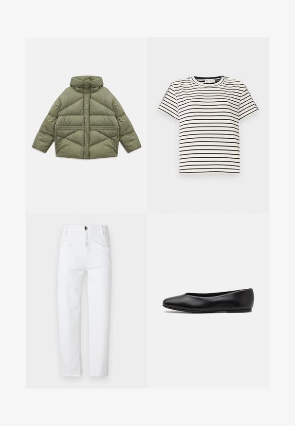Olive green puffer jacket with high collar, diagonal stitching, long sleeves, and zippered side pockets, laid flat on white background.; Cotton short-sleeve T-shirt with a crew neckline, featuring black vertical stripes on a white background and a straight cut design.; White denim jeans with a high waist, straight cut, two front pockets, and a single back pocket. Features a metal button and zipper.; Paul Smith TOPANGA - Ballet pumps - black