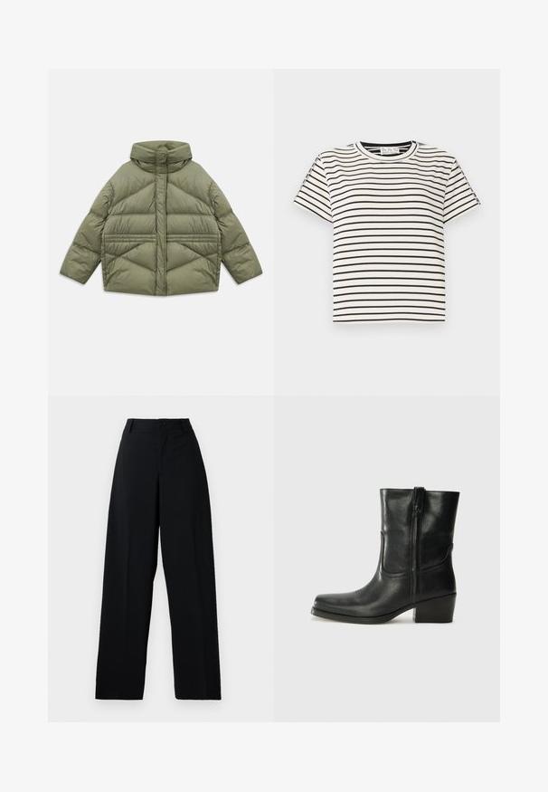 Oliwkowa kurtka puchowa z wysokim kołnierzem, ukośnymi szwami, długimi rękawami i zasuwanymi bocznymi kieszeniami, leżąca płasko na białym tle.; Bawełniana koszulka T-shirt z krótkim rękawem i okrągłym dekoltem, z czarnymi pionowymi paskami na białym tle oraz prostym krojem.; Czarne spodenki z wysokim stanem i szerokimi nogawkami, zapinane na guzik i zamek, z pętelkami na pasek oraz gładkim, czystym wykończeniem tkaniny.; Czarne skórzane botki za kostkę z okrągłym noskiem, słupkowym obcasem, bocznym zamkiem i przeszyciami na cholewce. Gładka tekstura, klasyczny design.