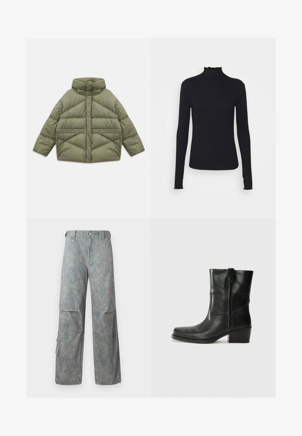 Olíva zöld pehelykabát magas gallérral, ferde varrással, hosszú ujjakkal és cipzáras oldazsebekkel, fehér háttéren lefektetve.; Fekete, hosszú ujjú, garbós felső sima anyagból, fodros gallérral és illeszkedő sziluettel, egyszerű élekkel.; Világoskék, textúrált dénimből készült cargo nadrág, laza szabással, nagy oldalsó zsebekkel és gombos derékzárral.; Fekete bőr bokacsizma lekerekített orral, blokk sarkúval, oldalsó cipzárral és varrásos díszítéssel az elején. Simább textúra, klasszikus dizájn.