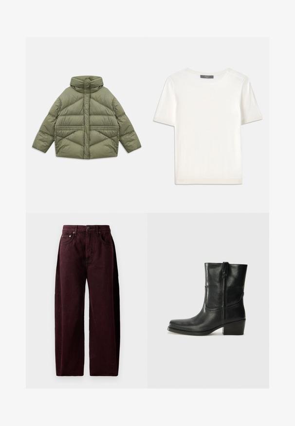 Giacca imbottita verde oliva con colletto alto, cuciture diagonali, maniche lunghe e tasche laterali con zip, distesa su sfondo bianco.; Top corto a maniche corte di colore bianco, in maglia, con scollatura rotonda. Presenta una texture liscia e accenti a coste sottili sulle maniche e sull'orlo.; Jeans a gamba larga borgogna in denim di cotone, con vita alta, tasche frontali e cuciture visibili. Design classico a cinque tasche.; Stivale ankle in pelle nera con punta arrotondata, tacco a blocco, cerniera laterale e dettagli in cucitura sulla tomaia. Texture liscia, design classico.