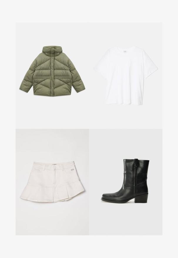 Oliivinvihreä untuvatakki korkealla kauluksella, vinonapituksilla, pitkillä hihoilla ja vetoketjullisilla sivutaskuilla, asetettuna tasaiseksi valkoista taustaa vasten.; Valkoinen puuvillapaita lyhyillä hihoilla, pyöreällä pääntiellä, rentoa tyyliä ja ommeltu helma. Tunniste näkyvissä sisäkauluksessa.; Valkoinen farkuhame, jossa on tiukka vyötärö ja levenevä, poimutettu helma. Hameessa on etutaskut ja pieni logo-yksityiskohta vyötärönauhassa.; Musta nahkasaapas nilkkamittaisella varrella, pyöreällä kärjellä, lohkarekorolla, sivuvetoketjulla ja ompeluaksentilla varren yläosassa. Suora pinta, klassinen muotoilu.