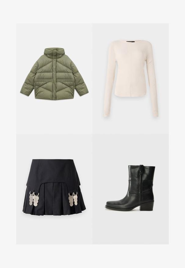 Õlivaheline puffer jakk kõrge kraega, diagonaalse õmblusega, pikad varrukad ja lukuga küljetaskud, laotuna valgel taustal.; Pikkade varrukatega helesinine topp ümmarguse kaelusega. Valmistatud pehmest kangast, sisaldab keskset õmblust ja kergelt kaardus serva. Ei ole nähtavat riistvara.; Must mustriga seelik, millel on külgedel metallist detailid, valmistatud struktureeritud kangast, mis on sileda tekstuuri ja puhta disainiga.; Musta nahast pahkluu saabas ümarate varvastega, plokknäppu, külgsepa ja pealsetel õmblusest aktsentidega. Sile tekstuur, klassikaline disain.