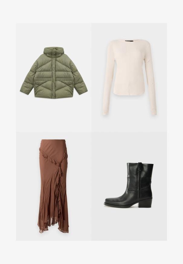 Chaqueta acolchada de color verde oliva con cuello alto, costuras diagonales, mangas largas y bolsillos laterales con cremallera, colocada plana sobre un fondo blanco.; Top de manga larga, color beige claro, con cuello redondo. Fabricado en un tejido suave, presenta una costura central y un dobladillo ligeramente curvado. Sin herrajes visibles.; Falda larga marrón de tela ligera. Presenta un diseño con volantes a lo largo del dobladillo asimétrico y una silueta fluida.; Botín negro de cuero hasta el tobillo con punta redondeada, tacón cuadrado, cremallera lateral y detalles de costura en el empeine. Textura suave, diseño clásico.