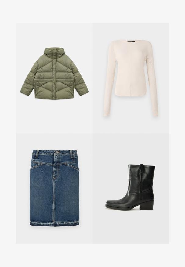 Olivově zelená péřová bunda s vysokým límcem, diagonálním prošíváním, dlouhými rukávy a zipovými bočními kapsami, ležící na bílém pozadí.; Dlouhý rukáv, světle béžový top s kulatým výstřihem. Vyrobeno z jemné látky, má středový šev a mírně zaoblený lem. Bez viditelné kovové úpravy.; Džínová sukně s klasickým modrým omytím, pětivrecovým designem a roztrhaným lemem. Zapíná se na přední knoflík a zip.; Černá kožená kotníková bota s kulatou špičkou, blokovým podpatkem, bočním zipem a prošíváním na svršku. Hladký povrch, klasický design.