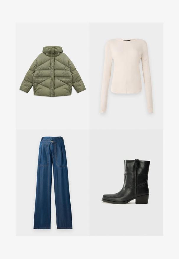 Jachetă puffer de culoare verde măslin, cu guler înalt, cusături diagonale, mâneci lungi și buzunare laterale cu fermoar, întinsă pe un fundal alb.; Top cu mânecă lungă, de culoare bej deschis, cu decolteu rotund. Realizat dintr-un material moale, prezintă o cusătură centrală și un tiv ușor curbat. Fără elemente de prindere vizibile.; Blugi largi de culoare albastru închis din denim, cu două buzunare frontale, închidere prin buton și detalii de cusătură în contrast de culoare portocalie.; Botine din piele neagră, cu vârf rotund, toc pătrat, fermoar pe lateral și accente de cusături pe partea superioară. Textură netedă, design clasic.