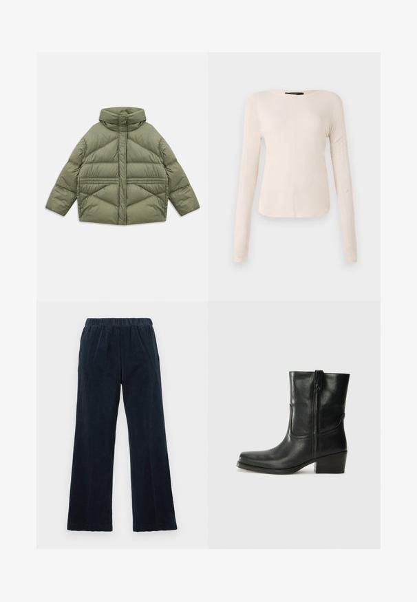 Olivengrøn puffjakke med høj krave, diagonale syninger, lange ærmer og lynlåslommer på siden, lagt fladt på hvid baggrund.; Langærmet, lys beige top med rund halsudskæring. Lavet af blødt stof, har en central søm og let buet kant. Der er ingen synlige metaldele.; Marineblå kordfløjl bukser med en vid ben design, elastisk talje og lodret ribbet struktur. Har sidelommer og en lige kant.; Sort læder ankelstøvle med rundt tå, blokhæl, lynlås i siden og stikninger på vampsiden. Glat tekstur, klassisk design.