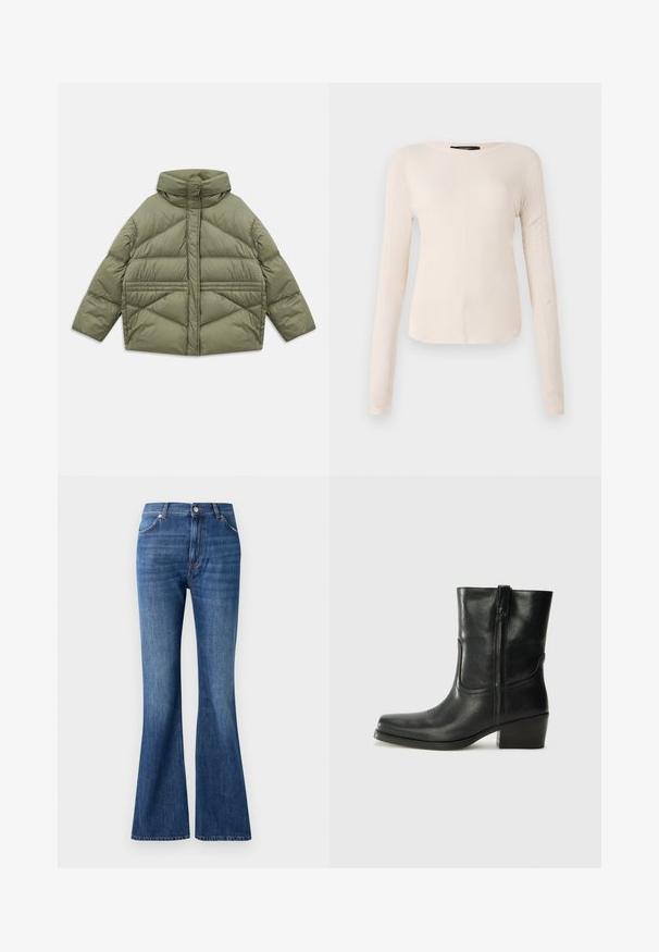 Chaqueta acolchada de color verde oliva con cuello alto, costuras diagonales, mangas largas y bolsillos laterales con cremallera, colocada plana sobre un fondo blanco.; Top de manga larga, color beige claro, con cuello redondo. Fabricado en un tejido suave, presenta una costura central y un dobladillo ligeramente curvado. Sin herrajes visibles.; Vaqueros de campana azul de mezclilla, con una cintura alta, cinco bolsillos y un sutil patrón de desgastado cerca de las costuras.; Botín negro de cuero hasta el tobillo con punta redondeada, tacón cuadrado, cremallera lateral y detalles de costura en el empeine. Textura suave, diseño clásico.